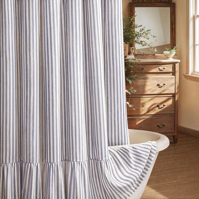 XOGUIBO Farmhouse Shower Curtain with Ruffle Hem Linen Shower Curtains for Bathroom Country Vintage Rustic Natural Fabric, Cream-Blue Stripe 54" W x 72" L