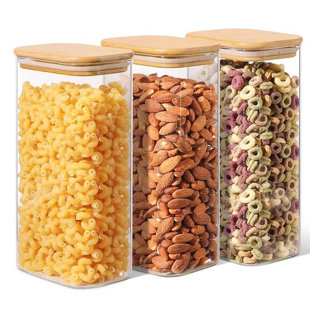 ComSaf 54oz Rectangle Glass Storage Containers with Lids, Glass Jars with Bamboo Lids, Clear Food Storage Jar, Sugar Coffee Containers, Pantry Storage Container for Pasta Flour Oats Nuts