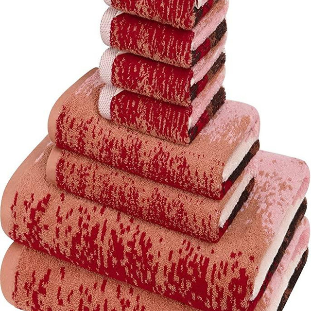 SEMAXE Pattern Towel Set, 100% Cotton Yarn Jacquard Bathroom Towel. Super Soft & Highly Absorbent Bath Towel Set Include 2 Bath Towel, 2 Hand Towel and 4 Washcloths, Brown/Red