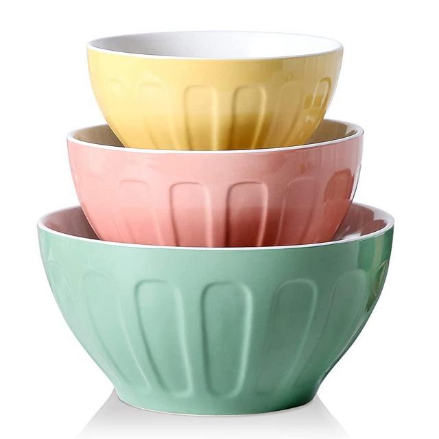 Lareina Ceramic Mixing Bowls for Kitchen, 3-Piece Large Colorful Serving Bowls,4.25/2/0.5 Qt Deep Microwaveable Nesting Bowl, Stackable and Functional, Ideal Gift