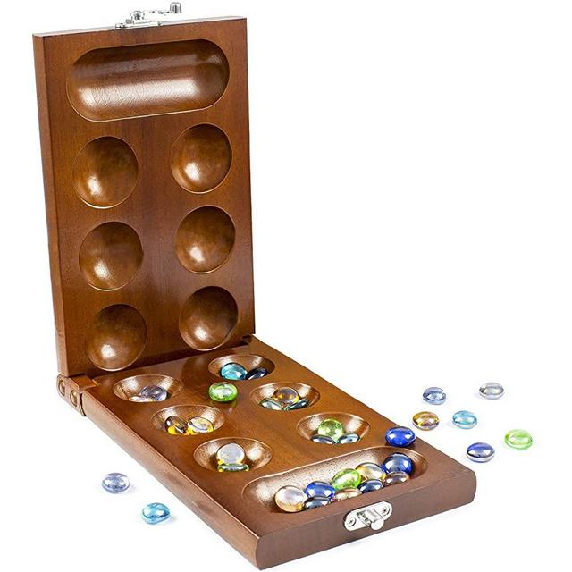 Offidea Mancala Board Game with Stones - Solid Hardwood Folding Game Board - Stunning Colored Marbles - 2 Player Game for The Whole Family - Portable 8.7 x 5.1 x 1.4 inch Folded Size