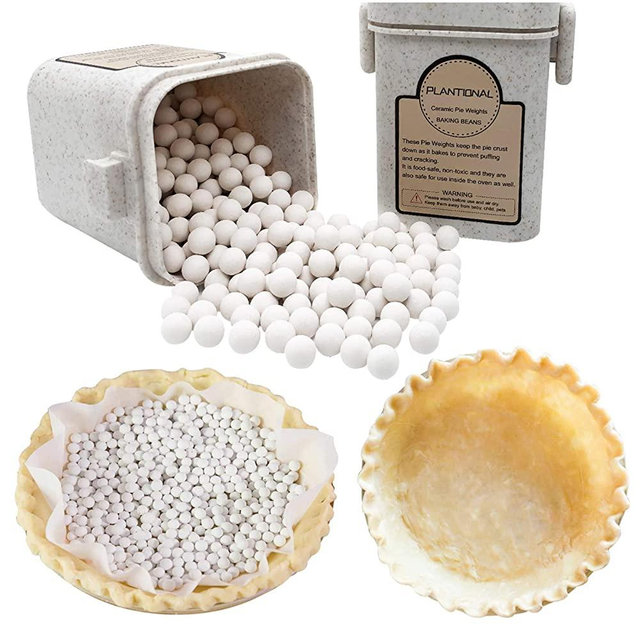 PLANTIONAL Pie Weights For Baking: 1.32 LB 10mm Baking Ceramic Beans Pie Crust Weights With Wheat Straw Container For Blind Baking Pastry(White)