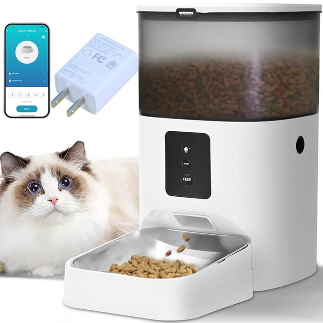 WiFi Automatic Cat Feeder, 4L Food Dispenser with 10s Voice Recorder, Pet Feeder up to 10 Meals per Day, Timed Cat Feeder with Dry Food Sealed Ring (White, 4L-WiFi)