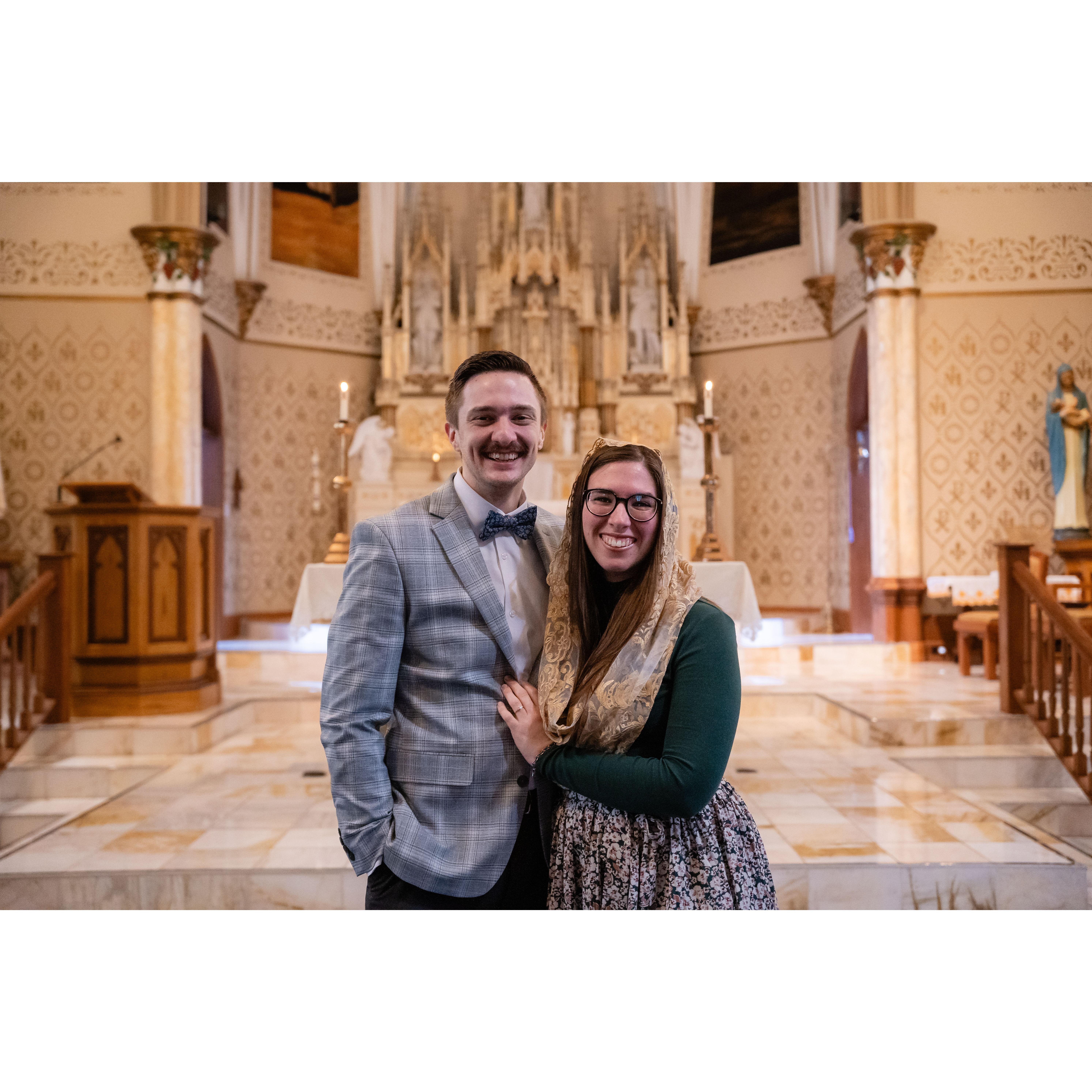 This photo was captured just after we received a blessing for our engagement, an ancient Catholic custom called the Rite of Betrothal!