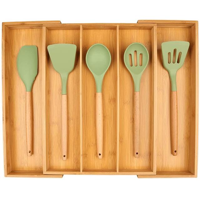 Bamboo Kitchen Drawer Organizer Large Utensil Organizer Silverware and Cutlery Holder Tray with Divider Expendable Flatware Tray