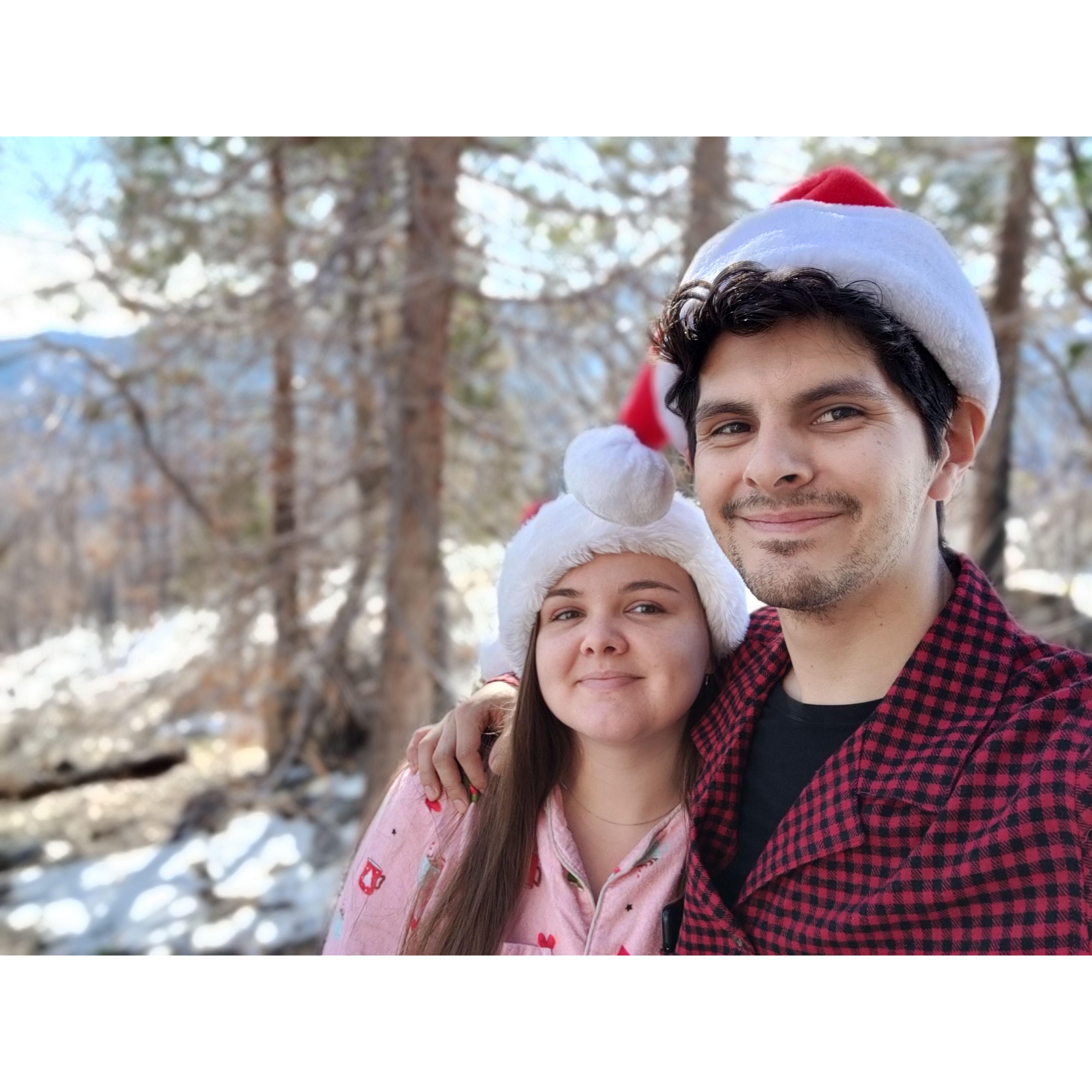 This Christmas morning pyjama selfie was taken on a cozy cabin's balcony in Seqouia in 2022.