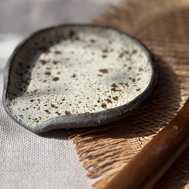 Handmade Ceramic Spoon Rest – Winter Woods Collection, Rustic Speckled Stoneware, Artisan Pottery