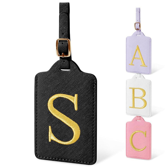 Personalized Initial Luggage Tags for Suitcases, Cute PU Leather Embroidered Letter Travel Luggage Tags, Suitcase Identifier Name Baggage Tag, Bag Tags for Men Women Kids Luggage Handbags(Black S)