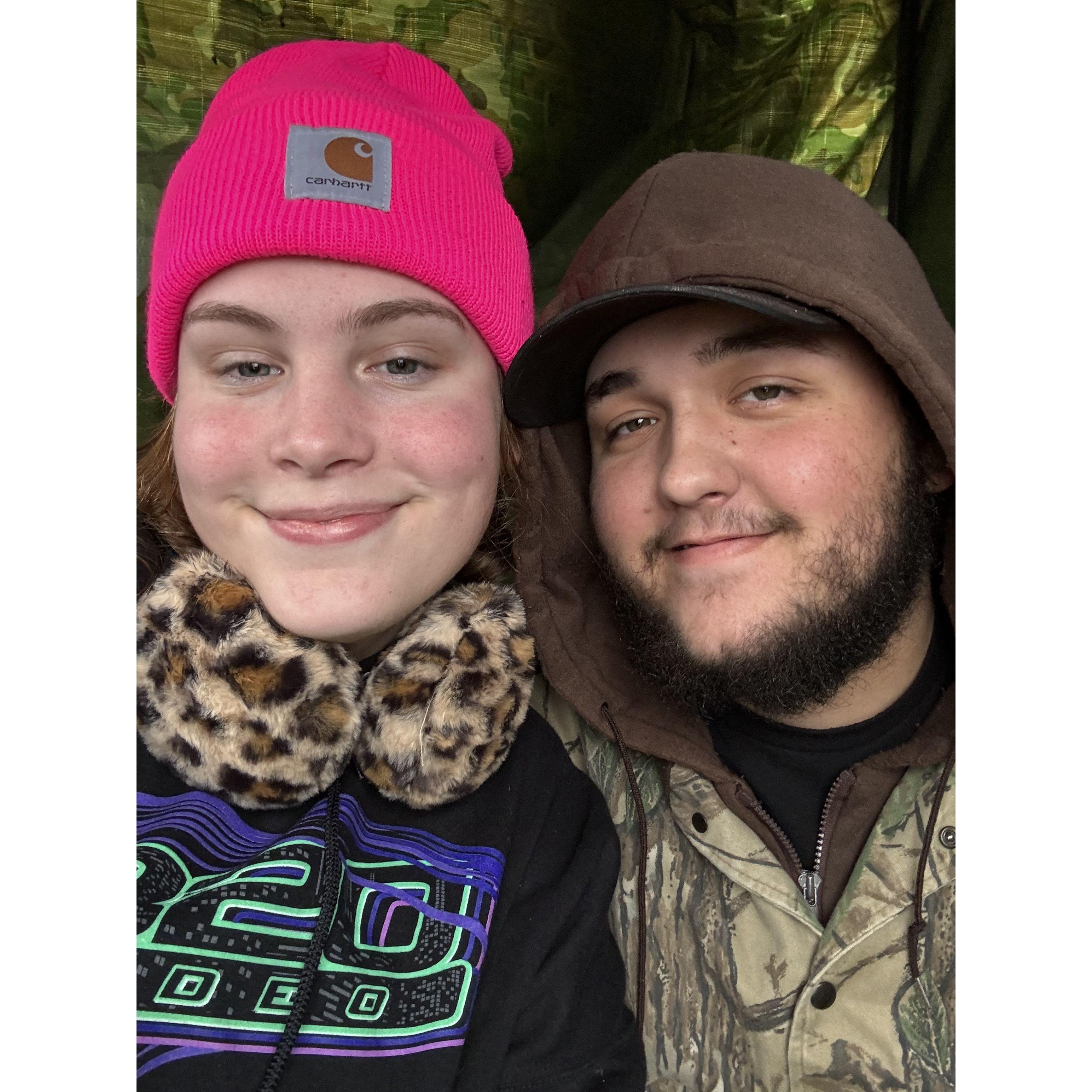 sitting in the deer stand, hunting together for our first season