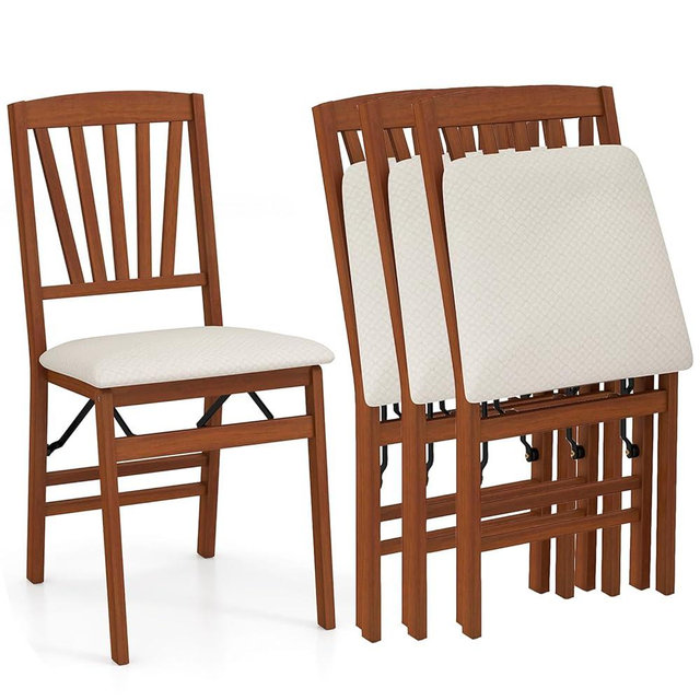 COSTWAY Folding Dining Chairs Set of 4, Upholstered Wooden Dining Room Chairs with Fabric Padded Seat, Solid Wood Frame and 400LBS Capacity for Kitchen Apartment (Beige & Brown)