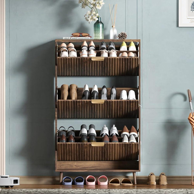 QIVOMIX Shoe Cabinet Storage,Modern Freestanding Organizer with 3 Flip Drawers,Narrow Shoe Rack Cabinet for Entryway,Walnut