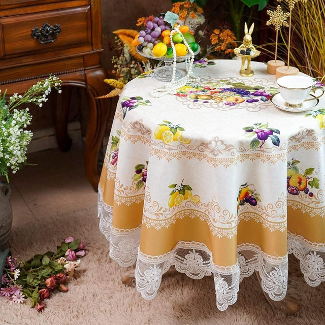 SUTAVIA Lace Embroidered Table Cloth,Rectangular Farmhouse TableCover,Classic Oblong Antique Flower Decor Macrame Tablecloth (Yellow, 60 inch Round)