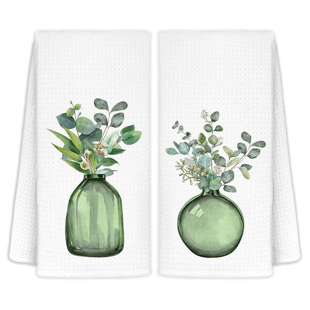 CIOJUNE Sage Green Eucalyptus Leaves Kitchen Towels Set of 2, Decorative Hand Towels for Bathroom, Leaf Decor, 16x24 Inches