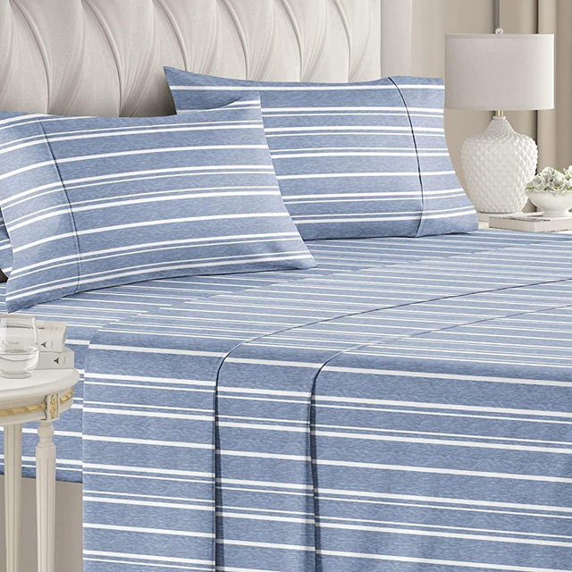 Striped Bed Sheets - Pin Striped Sheets - Blue and White Sheets - White and Blue Striped Sheets - Queen Striped Sheets - Hotel Luxury Bed Sheets - Deep Pockets - Breathable & Cooling Sheets