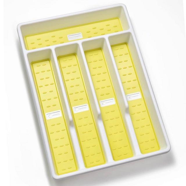 Joequality Silverware Organizer with Icons，Plastic Cutlery silverware Tray for Drawer，Utensil Flatware Tableware Organizer for Kitchen with Non-slip TPR,Fits Standard Drawer,5-Compartment,Yellow