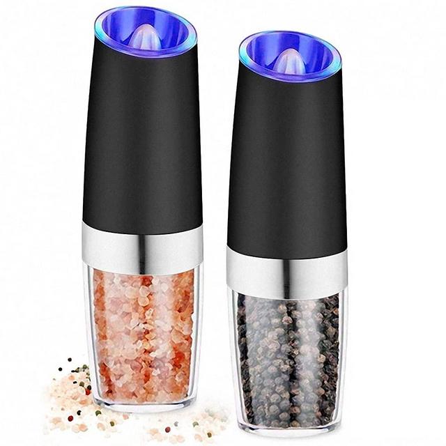 AVNICUD Electric Salt and Pepper Grinder Set, Automatic Pepper Grinder, Gravity Pepper Mill, Battery-Operated with Adjustable Coarseness, LED Light, One Hand Operated(Black 2Pack)