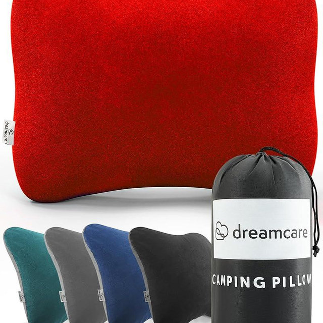 DREAMCARE Camping Pillow, Memory Foam Travel Pillow, Camping Accessories - Small Pillow Camping Essentials Camping Pillows for Sleeping, Backpacking Pillow, Travel Pillows for Sleeping (Medium, Red)