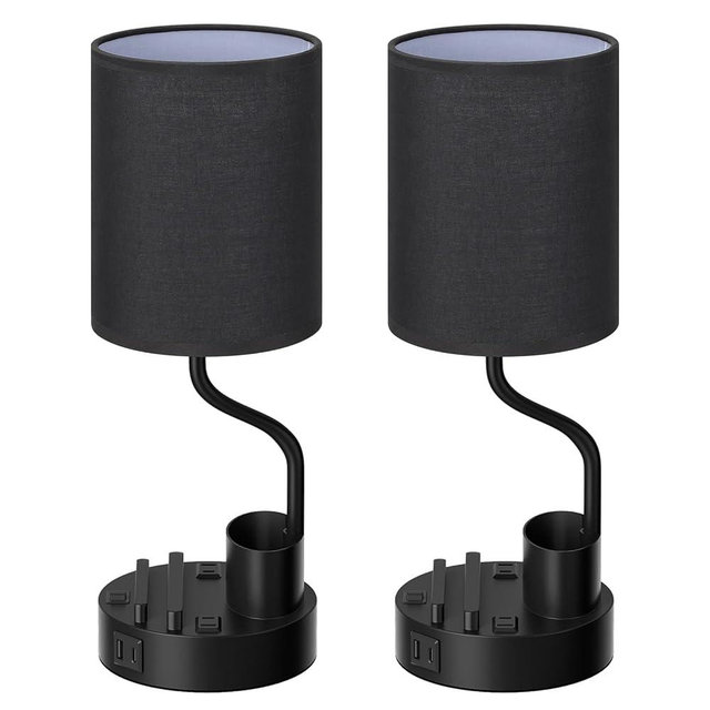 Black Bedside Table Lamps for Bedroom Set of 2 - Nightstand Light with AC Outlet and USB A & C for Charging, 3 Color Temperatures Desk Lamp with Pen Holder & Phone Stand for Living Room/Dorm/Office