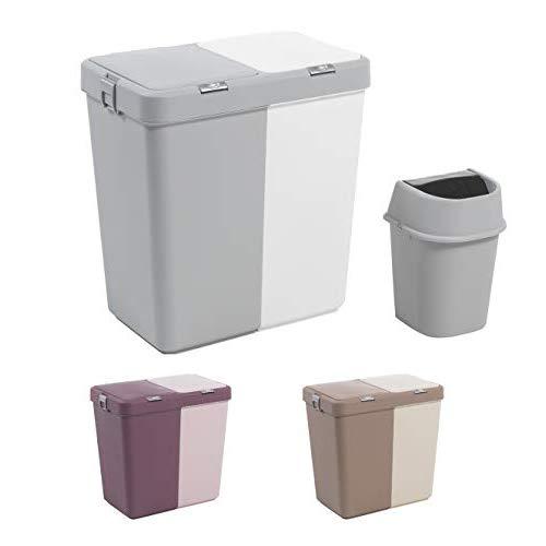 Mabel Home Plastic Laundry Hamper with Lid, 2 Sections, Large Laundry Basket – Extra Trash Bin (1,6 Gallons) inc. (White-Grey)