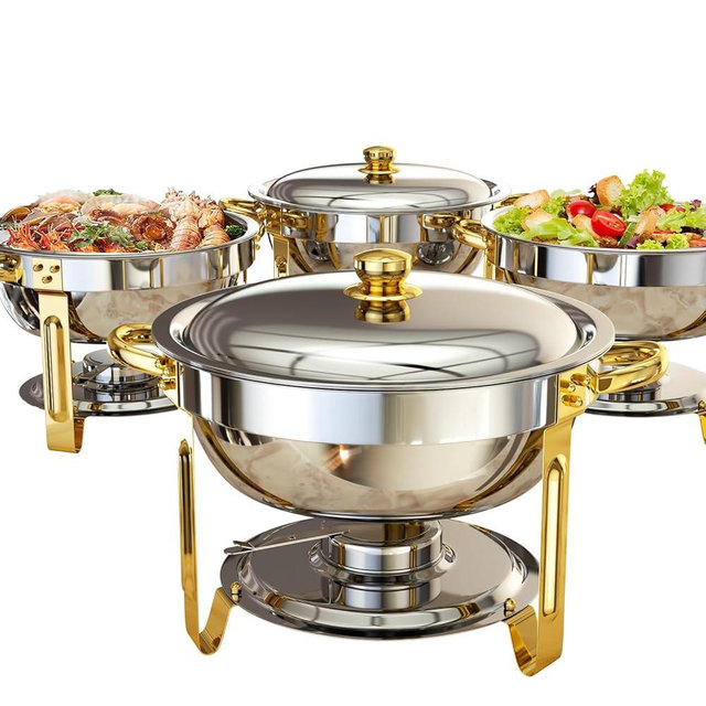 Chafing Dishes for Buffet 4 Pack, 6QT [Worry-Free Assemble] Food Warmers for Parties Buffet [Elegant Gold and Silver Colors] Stainless Steel Round Chafing Dish Buffet Set with Complete Set