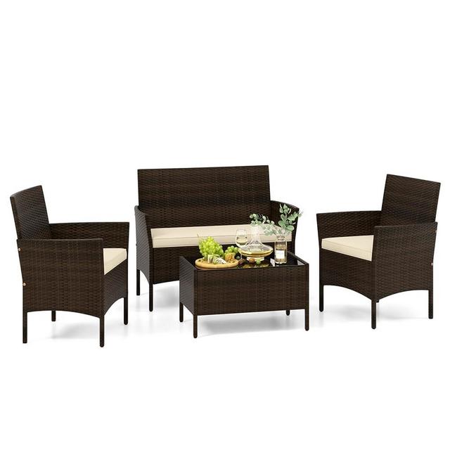 Tangkula 4 Piece Patio Rattan Conversation Set, Outdoor Wicker Furniture Set with Chair, Loveseat & Tempered Glass Table, Cozy Seat Cushions, Outside Sectional Sofa Set for Backyard, Porch (1, Beige)