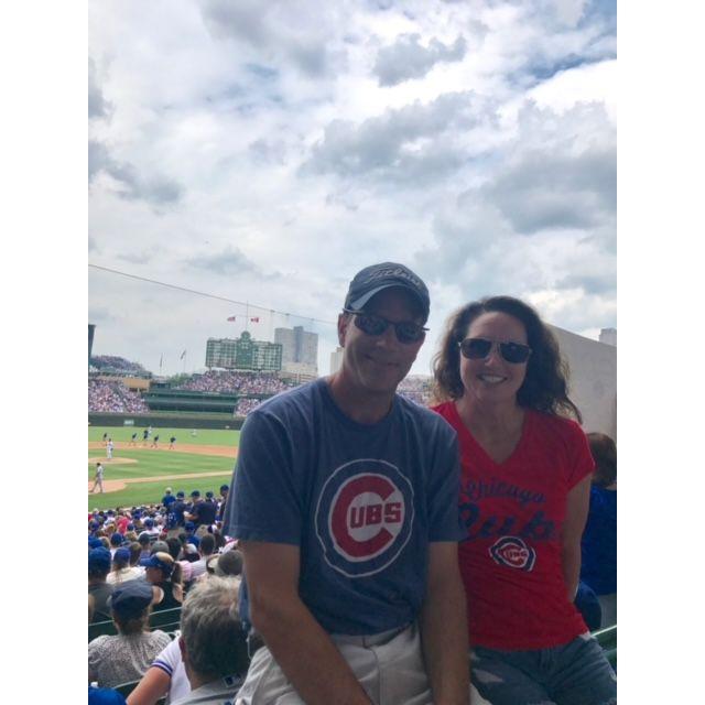 At the Cubs game at Wrigley Field.