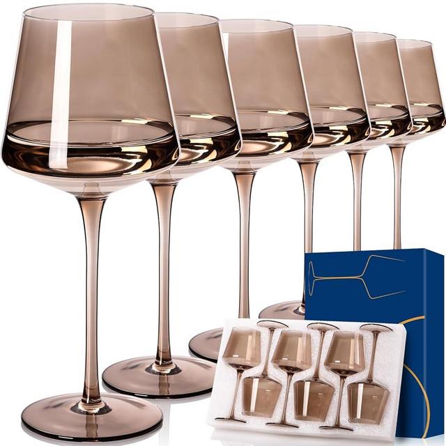 Cyrelwing Smokey Sand Wine Glasses Set of 6,18oz Gray Wine Glassware Gift Set for Wife & Mom-Colorful Hand Blown Glass Drinkware for Red White Wine