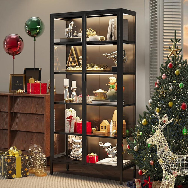 Eltean 71" H Display Cabinet with Glass Doors, 5 Tiers Curio Glass Display Cabinet with 3 Colors LED Sensor Light,Display Cabinets for Collectible with 4 Adjustable Shelves for Living Room,Bedroom