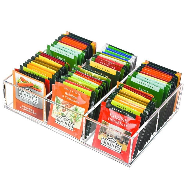 Tasybox Tea Bag Organizer, Clear Acrylic Tea Bag Holder with 6 Slot, Tea Packet Storage for Drawer, Pantry, Kitchen, Cabinet, Countertop