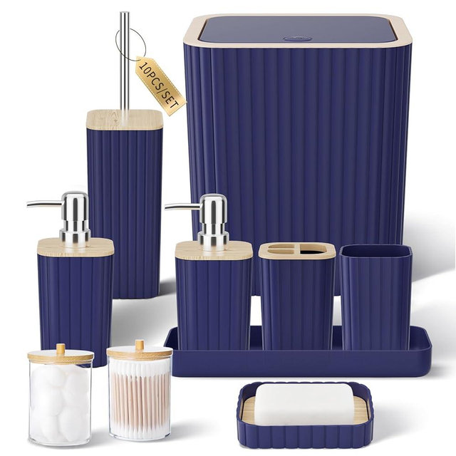 XLHOMO Bathroom Accessories Set - Elegant Blue Bathroom Set, 10PC Bathroom Accessory Set, Toilet Brush, Trash Can, Qtip Holder Dispenser & Soap Dispenser