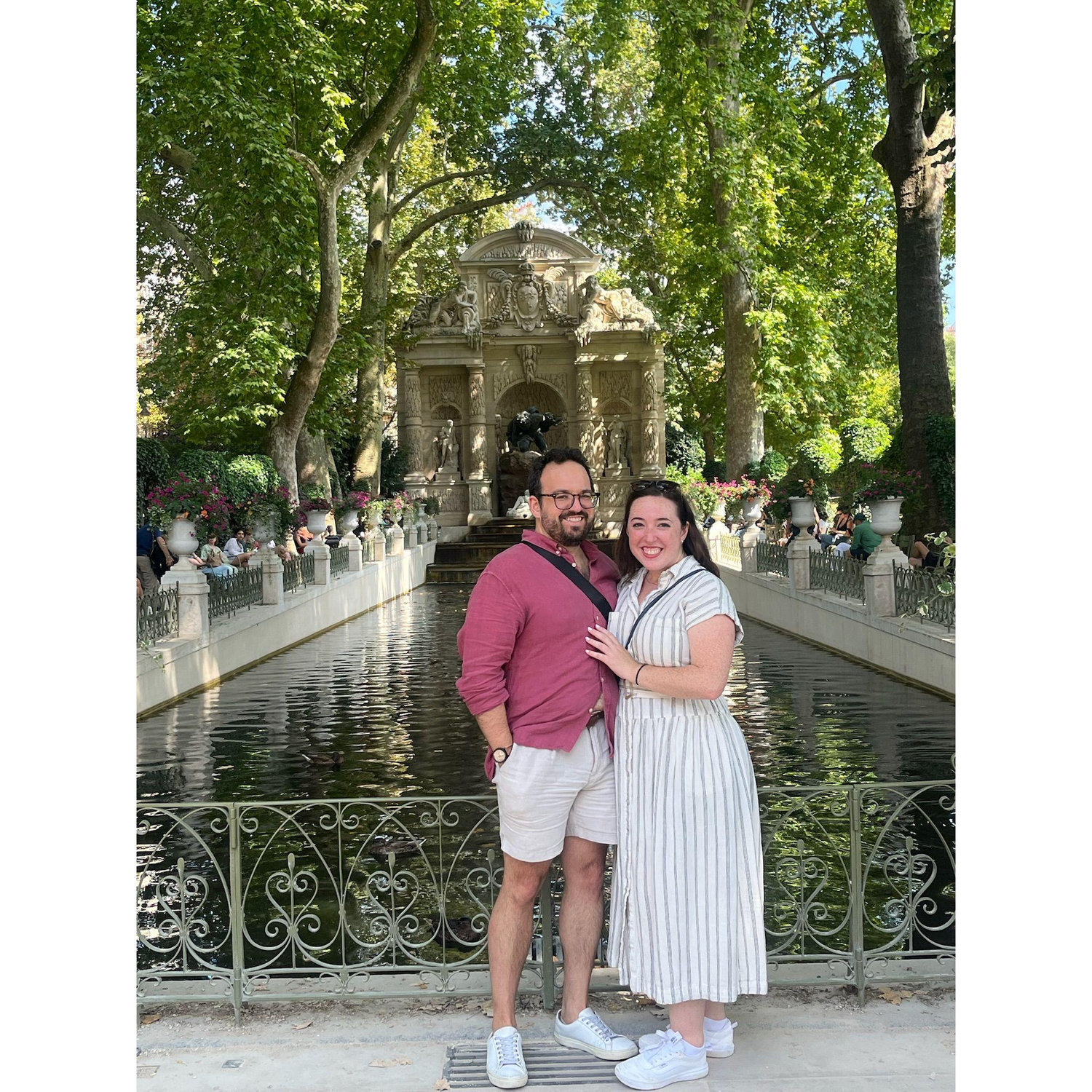 In front of the Medici Fountain in the Luxembourg Gardens, about 10 minutes before Steven proposed!