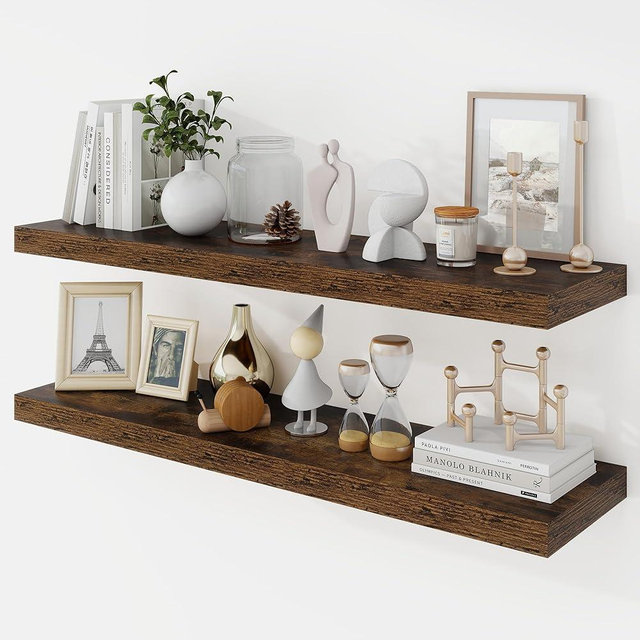 Acovy 36 Inch Floating Shelves, 9.3" Deep Floating Shelf Wall Mounted, 36" Wall Shelves, Rustic Deep Bookshelf, Large Display Shelves & Storage Shelves for Bedroom, Living Room, Brown, Set of 2