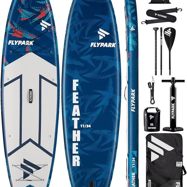 Flypark 11'x34 Inflatable Paddle Boards, Extra Wide SUP for 420lbs/3Adults, Yoga Stand Up Paddle Board, 110L Backpack, 15 D-Rings, Shoulder Strap, US-Fin, 2-Action Pump