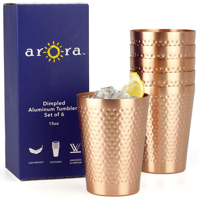 Arora Metal Anodized Hammered Copper Tumbler Set | Best Aluminum Cold-Drink Cup | 15oz | Set of 6