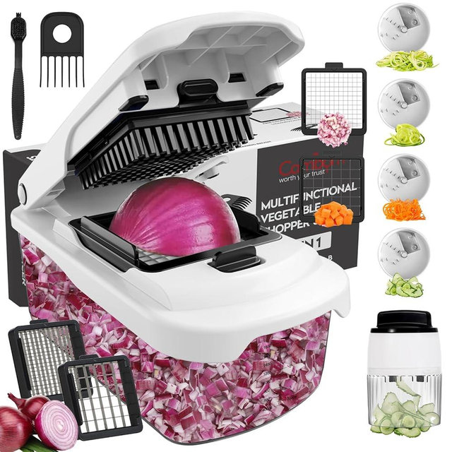 Cambom Vegetable Chopper Onion Chopper With Container, Multifunctional Food Chopper Vegetable Cutter Dicer Kitchen Gadgets, Carrot and Veggie Chopper Vegetable Spiralizer 6 Blades