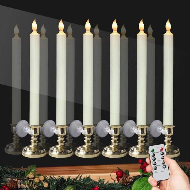 DRomance Flameless Window Candles with Remote and Timer, Battery Operated LED Taper Candles with Suction Cups Set of 6 Christmas Window Candles(Gold Holders)