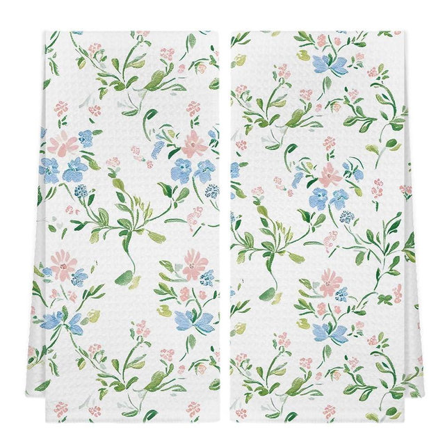 SAFDSGFDB Grandmillennial Floral Kitchen Towels, Pink and Blue Green Cottagecore Flower Decorative Dish Tea Hand Towels for Kitchen Bathroom, 16x24 Inch Set of 2
