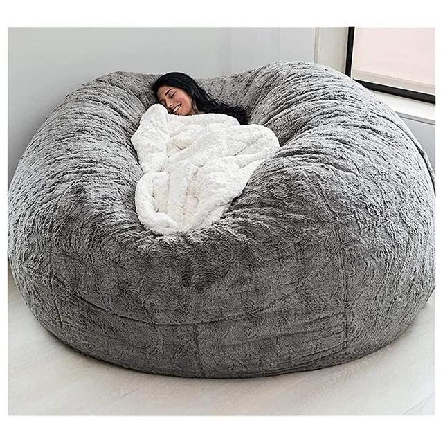 EKWQ 6FT Bean Bag Chair Cover, Living Room Furniture Big Round Soft Fluffy(Only Cover, No Filler) Faux Fur BeanBag Lazy Sofa Bed Cover 183cm Giant Fur Bean Bag Cover (Color : Light Gray, Size : 6FT)