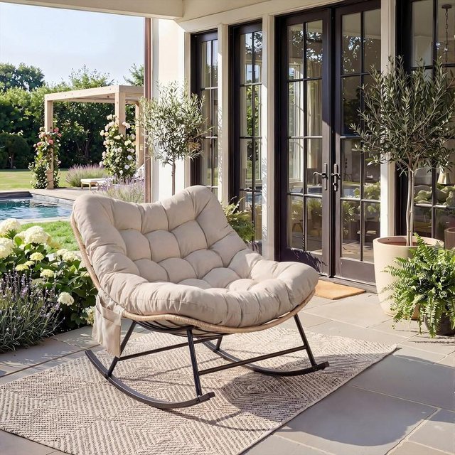 COZONY 47" Patio Rocking Chair, Heavy Duty Steel Outdoor Rocker with Rattan Design, UV Resistant Cushion, Porch Chair for Backyard Garden