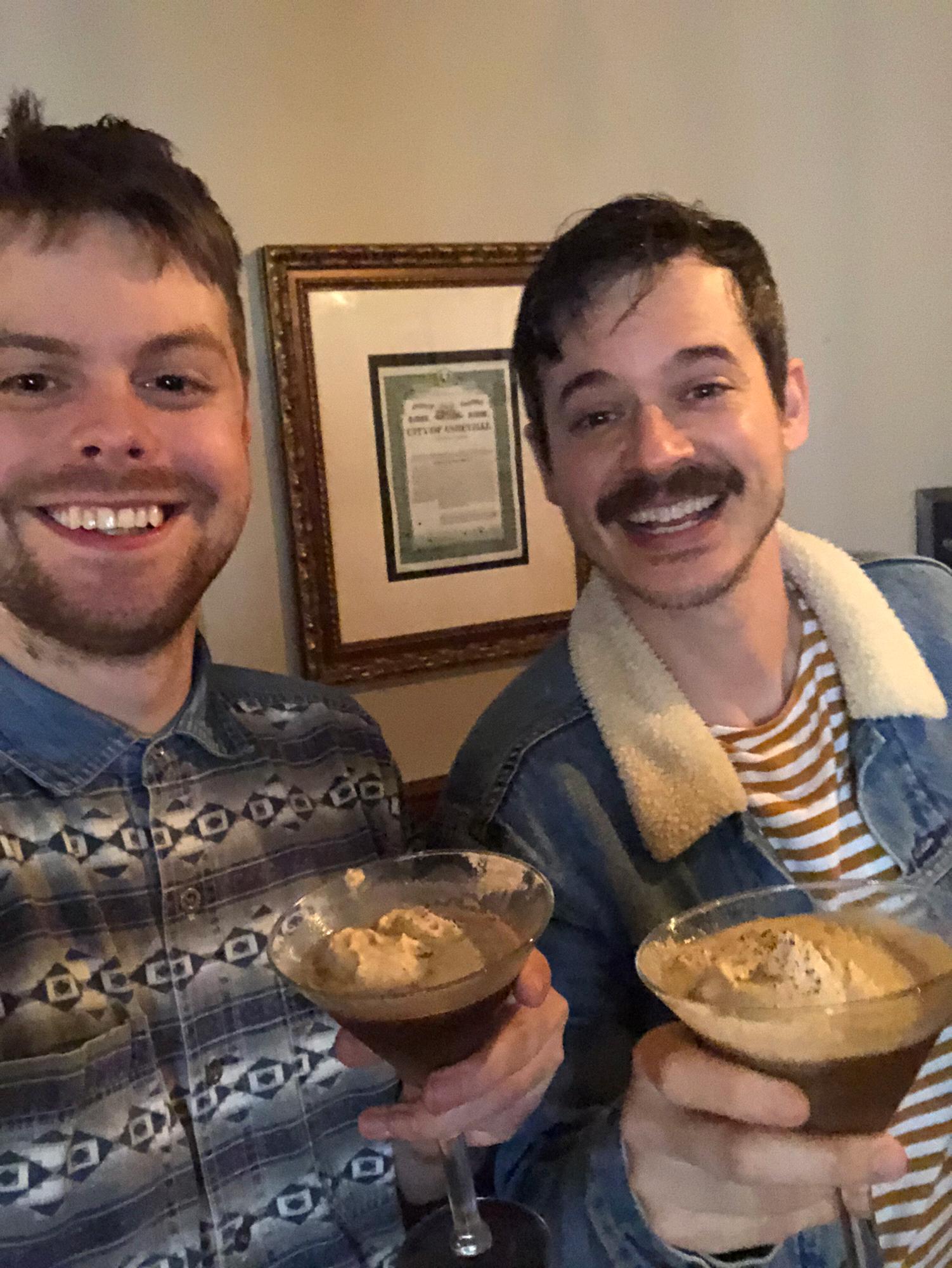 Brandon and Davie drinking espresso martinis before wedding ring hunting❤️