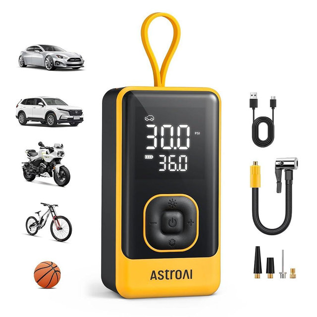 AstroAI L7 Air Tire Inflator Portable Air Compressor, 150PSI Electric Cordless Car Pump with Fast 1-min Inflation, Auto Shutoff, LED Light – Rechargeable for Car, SUV, Motorcycle, Bike Tires, Yellow