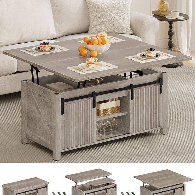 CHOEZON Lift Top Coffee Table, 4 in 1 Versatile Coffee Table, Farmhouse Convertible Coffee Tables, with Hidden Compartments, with Sliding Doors, for Living Room, Dining Room, Apartment, Greige MKF01FH