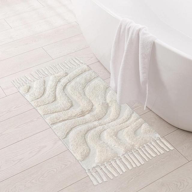 Folkulture Bathroom Rugs or Bath Mats for Bathroom, 100% Cotton Bathmat or Shower Mat, 24" X 17" Non Slip Tub Mat or Farmhouse Bathrug, Small Bathroom Rugs or Washable Toilet Rug (Ripple Off White)