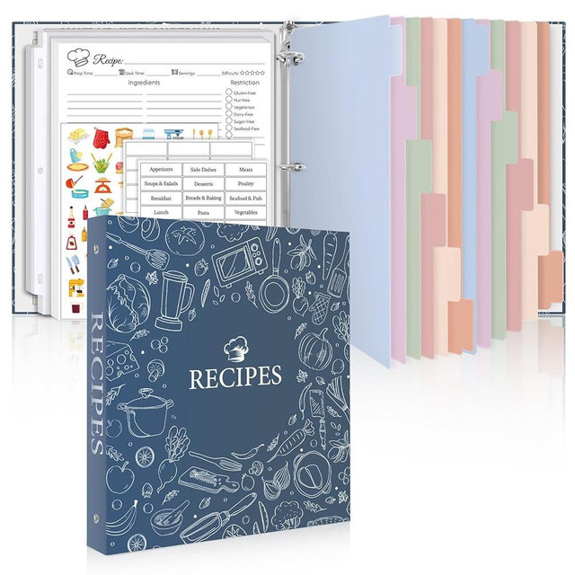 Recipe Binder 8.5x11 3 Ring, 1" Round Rings, Recipe Book to Write in Your own Recipes, Recipe Binder with 60 Plastic Sleeves, 12 Dividers, 60 Blank Recipe Cards, Family Recipe Organizer