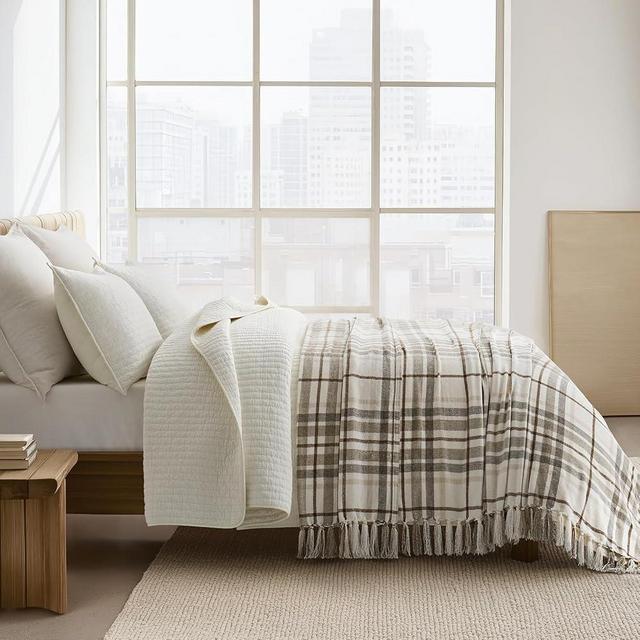 EVERGRACE Plaid Chenille Bed Blanket Queen Size for Bed, Super Soft Cozy Decorative Farmhouse Plaid Throw with Tassels, Lightweight Chenille Knit Throw for Couch Sofa Gift Home Decor, Beige 90"x90"