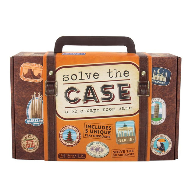 Fizz Creations Solve The Case. 3D Escape Room Game in A Suitcase. Think Outside The Case with 5 Unique Play-Throughs. Solve Puzzles with Clues. Family Party Game. Ages 12+. 1+ Players.