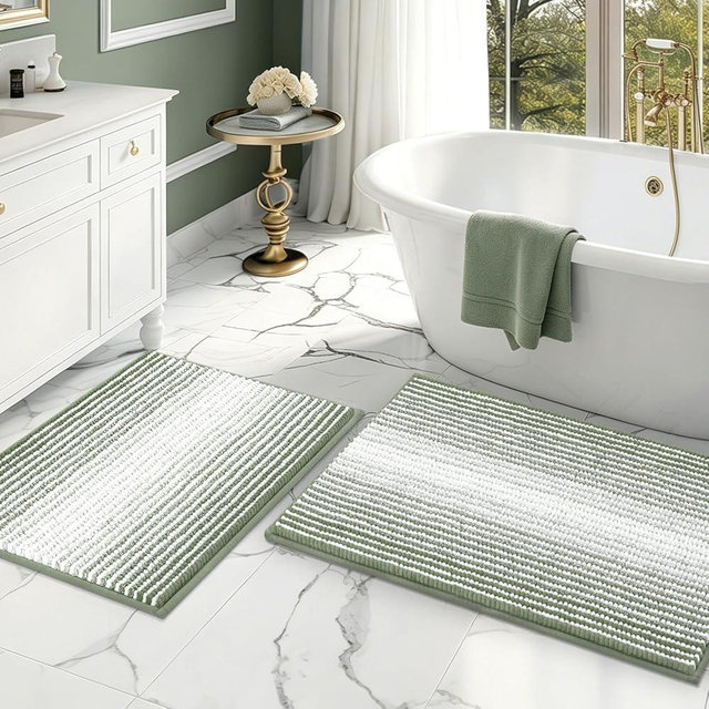 BSICPRO Bathroom Rugs and Mats Sets, 2 Piece Thick Absorbent Chenille Bath Mat Rug Set Non Slip, Soft Bath Room Floor Mats for Bathroom, Machine Washable (20" x 32" Plus 16" x 24",Greyish Green)