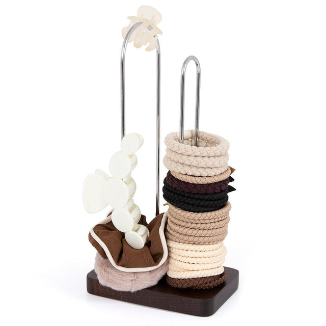 SCUNDA Scrunchine Holder Stand, 2 Tier Hair Tie Tower Hold 50~70 Scrunchies,Claw Clip Holder, Modern Fashion Hair Ties Organizer Storage for Girls, Women, Display(Walnut Color)