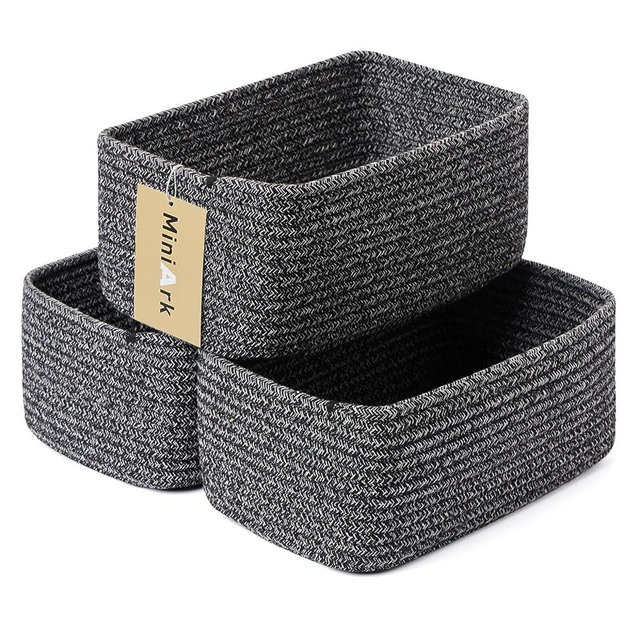 MiniArk Small Storage Baskets for Organizing | Closet Organizer Bins | Shelf Toy Basket | Woven Rope Baskets | Cube Decorative Box | Shallow Basket | 11.5x7.5x4.7” | 3 Packs Dark Gray