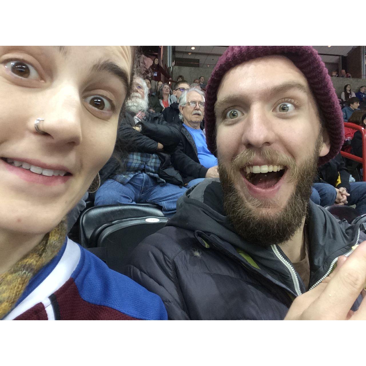 Rachel taking Pat to his first Avalanche hockey game!